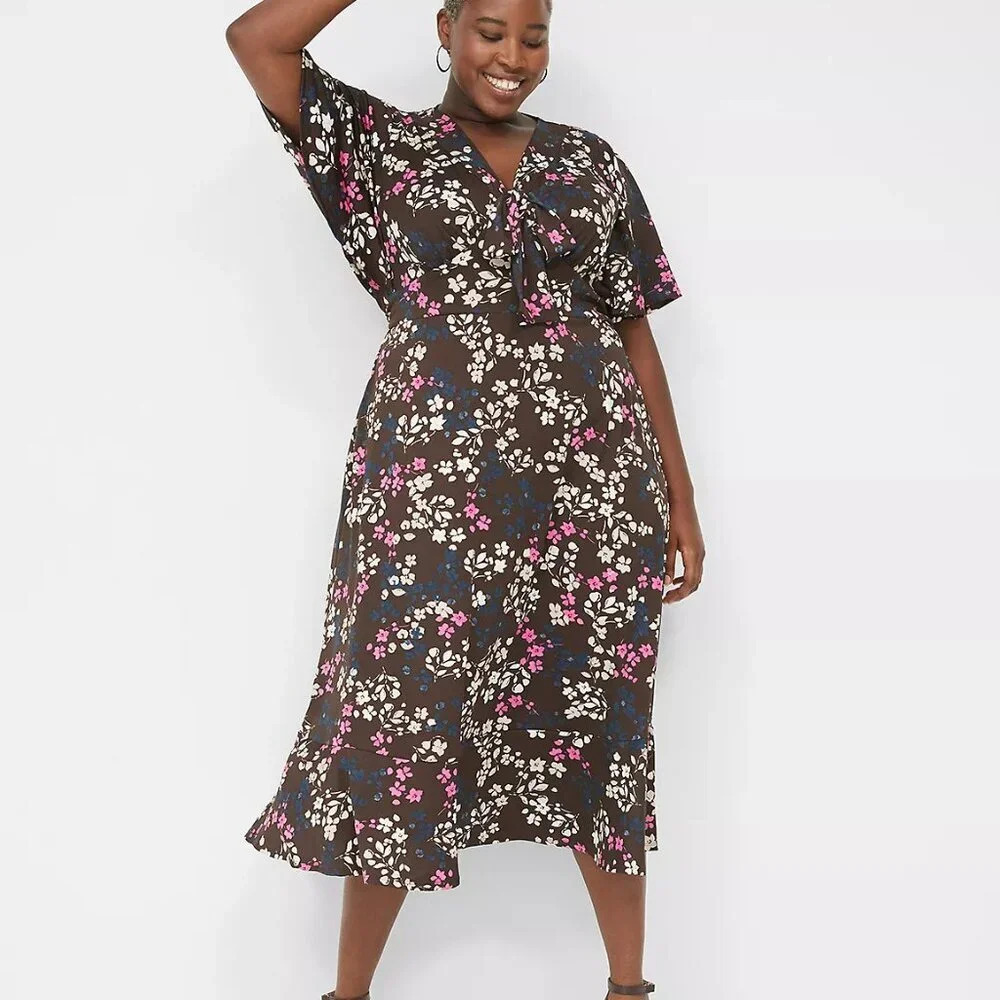 NWOT Lane Bryant Brown Floral Perfect Flutter-Sleeve Puff Print Midi Dress 22/24